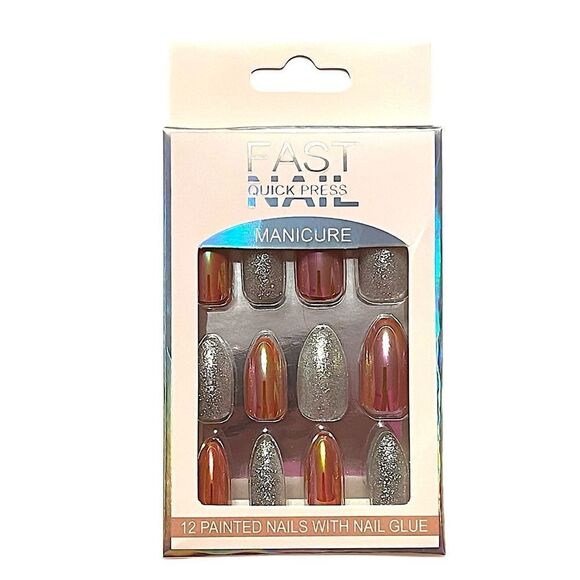 Pink Iridescent Silver Glitter Almond Press Medium Length Press On Nails - Picture 1 of 4